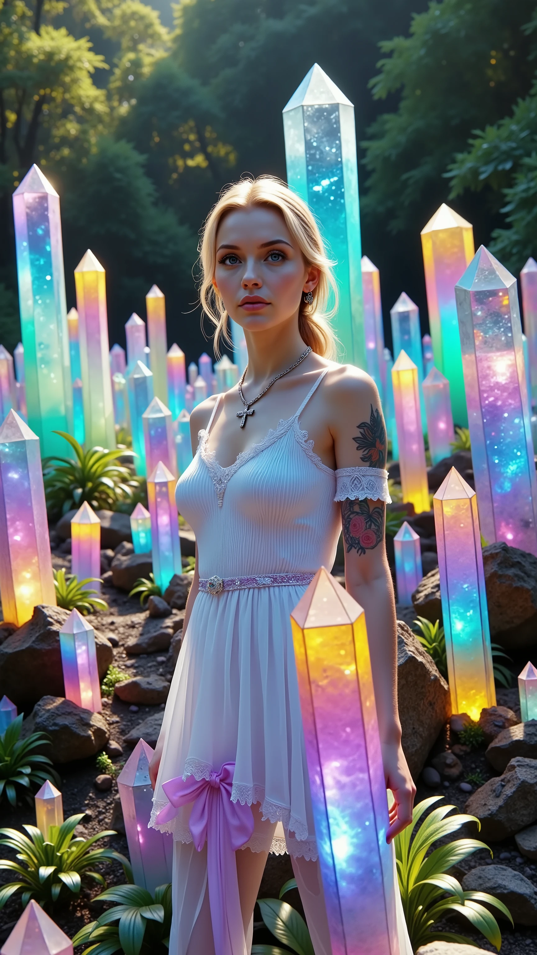 1girl, gorgeous European face, blue eyes, long eyelashes, looking at viewer, small crucifix necklace. Hundreds of different quartz crystals 16 to 19 feet tall, Many hundreds of extremely large((taller than the girl)) and thick crystal point formations, The translucent crystals are glowing a bright neon orange, electric blue, neon purple, neon pink, neon green, and neon yellow, color from inside of the quartz crystal points. Lush jungle, full sunlight, breathtakingly beautiful, ultra-realistic, cinematic photography, cinematic portrait, cinematic lighting, portrait photography, photorealistic, ultra detailed, UHD, full focus, highest/best quality, award winning, spectacular, stunning, incredible, Masterpiece