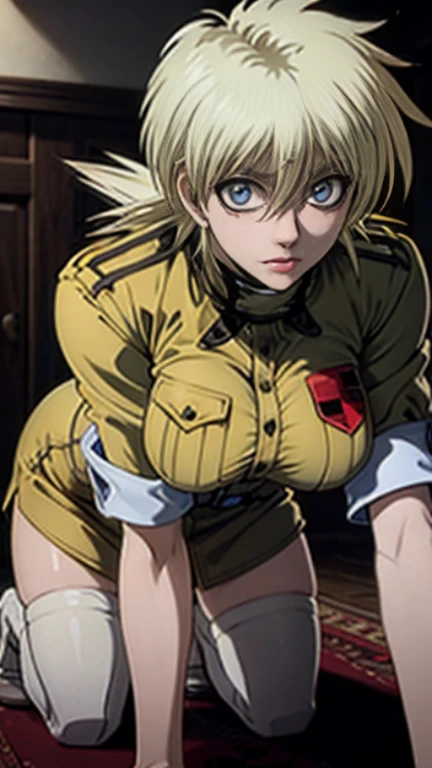 (masterpiece, top quality, best quality, official art, beautiful and aesthetic:1.2), (1girl),(masterpiece, best quality: 1.2),(very detailed face, real image, realistic skin, realistic body, intricate details)1girl, 1boy, solo focus, cowgirl position, straddling, girl on top, spread legs,breasts squeezed together, bent over,cum, cum in pussy, cum overflow,female , female orgasm, ,rape, deep penetration, vaginal, sex, {motion lines},crying, closed eyes, scared, embarrassed, open mouth, blush, nose blush,sweat, clothes lift, breasts, nipples, no panties, {{{pussy}}}, penis, skirt,indoor, tatami, extreme detailed,(Victoria Seras, blond short hair, short back twintails, yellow eyes, Hellsing anime, Vampire, Hellsing uniform, blue military uniform, jumpsuit, skirt, wide Rolled up sleeves, Chevron, black belt),colorful,highest detailed,((full body)), lap mini skite