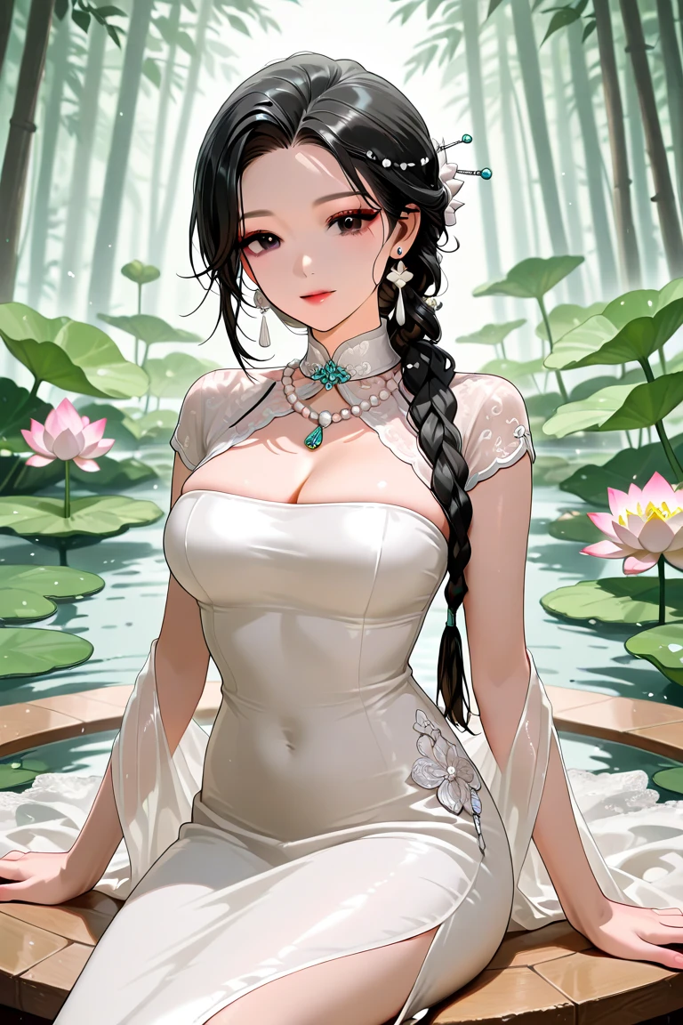 (Avalokiteshvara), Pudu beings, incarnation of sorrow, Buddhist deity, (1 mature girl), mother, Nankai dojo, white silk robe, white socks, white ribbon, white veil, pale face, long black hair, black pupils, meditating cross-legged, ((super huge breasts)), mother, ((simple style, white lotus background)), Buddhist disciple, saving suffering, great compassion, universal beings, extreme solemnity, listening to the faithful in the temple, golden pupils, fair skin, meditating cross-legged, no desire, no desire, no desire, no desire, Shaping holy atmosphere, coiled dragon bun, boundless mana, ancient Chinese aristocracy, beautiful legs, gorgeous ancient Buddhist decoration, (lots of exquisite white lotus ornaments), perfect flesh full of texture, , searing rendering effect, jaw-dropping, captivating visual enjoyment, ((best quality)), ((masterpiece)), maximum definition, multi-layered texture, super detailed, illustration, (super detailed face), (perfect face), clear texture, fine texture, Ultra HD detail display, excellent image performance, High-quality illustrations, perfectly fitting and harmonious tones, deep lines, precise brush strokes, with a strong sense of three-dimensionality and delicate wear, wonderful color matching, intricate details