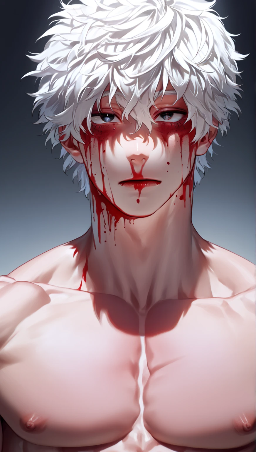 1 men, short white hair, pink eyes, Kitten ears, hospital clothes, slightly muscular body, at night, raining, front view, Top of a destroyed building, bruised and bloody body, no facial expression, front view