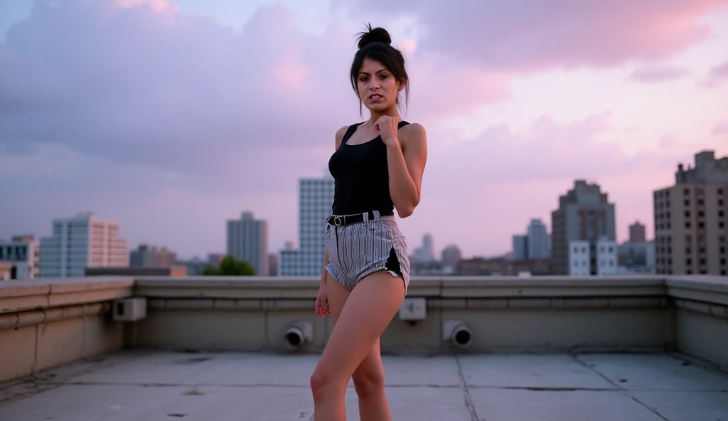a beautiful 18yo busty indian woman, underboobs, high waist short skirt , thighhighs, bun hair, at newyork city town, back light