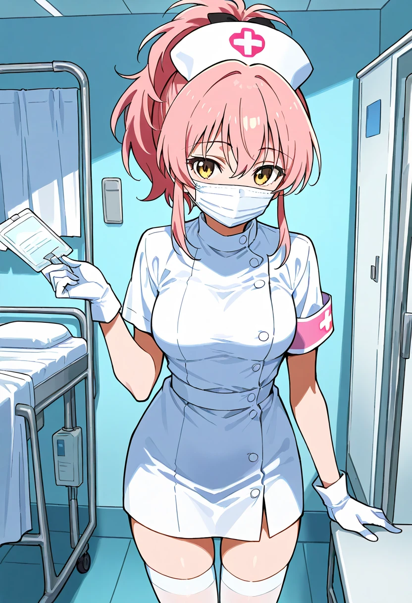 1woman, solo, nurse, white nurse cap, white nurse uniform, ((white legwear, zettai ryouiki)), white gloves, pink hair, green eyes, drooping eyes, ((white surgical mask, covered nose)), standing, ((hospital room)), sharp outline, short sleeves, mature female, 32 years old, best quality, masterpiece