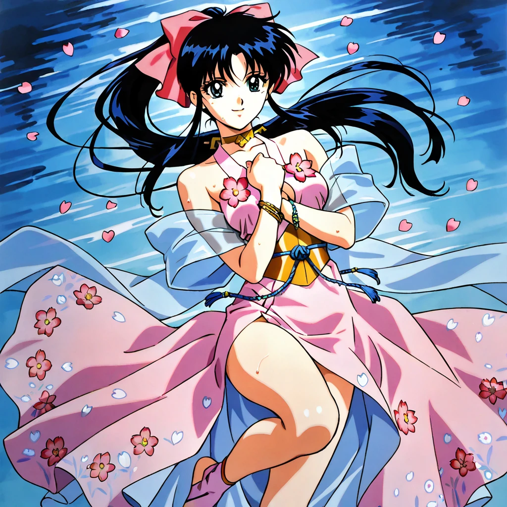 <lora:Fushigi_Yuugi:1> Fushigi Yuugi Style, 1girl, solo, looking at viewer, smile, short hair, simple background, brown hair, hair ornament, white background, navel, holding, flower, nude, cowboy shot, hair bun, double bun, convenient censoring, shawl, holding flower, retro artstyle, 1990s (style)
