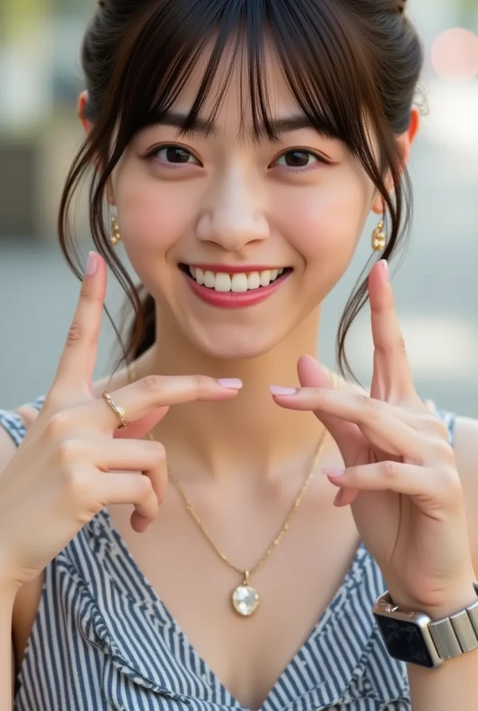 long tongue,Laughing with your mouth wide open and showing your teeth,Natural smile,(((peace sign))),peace sign,peace sign,Japanese girl,20 year old girl,Beauty,Beautiful face,Cute face,Mischievous expression,Tank top,
