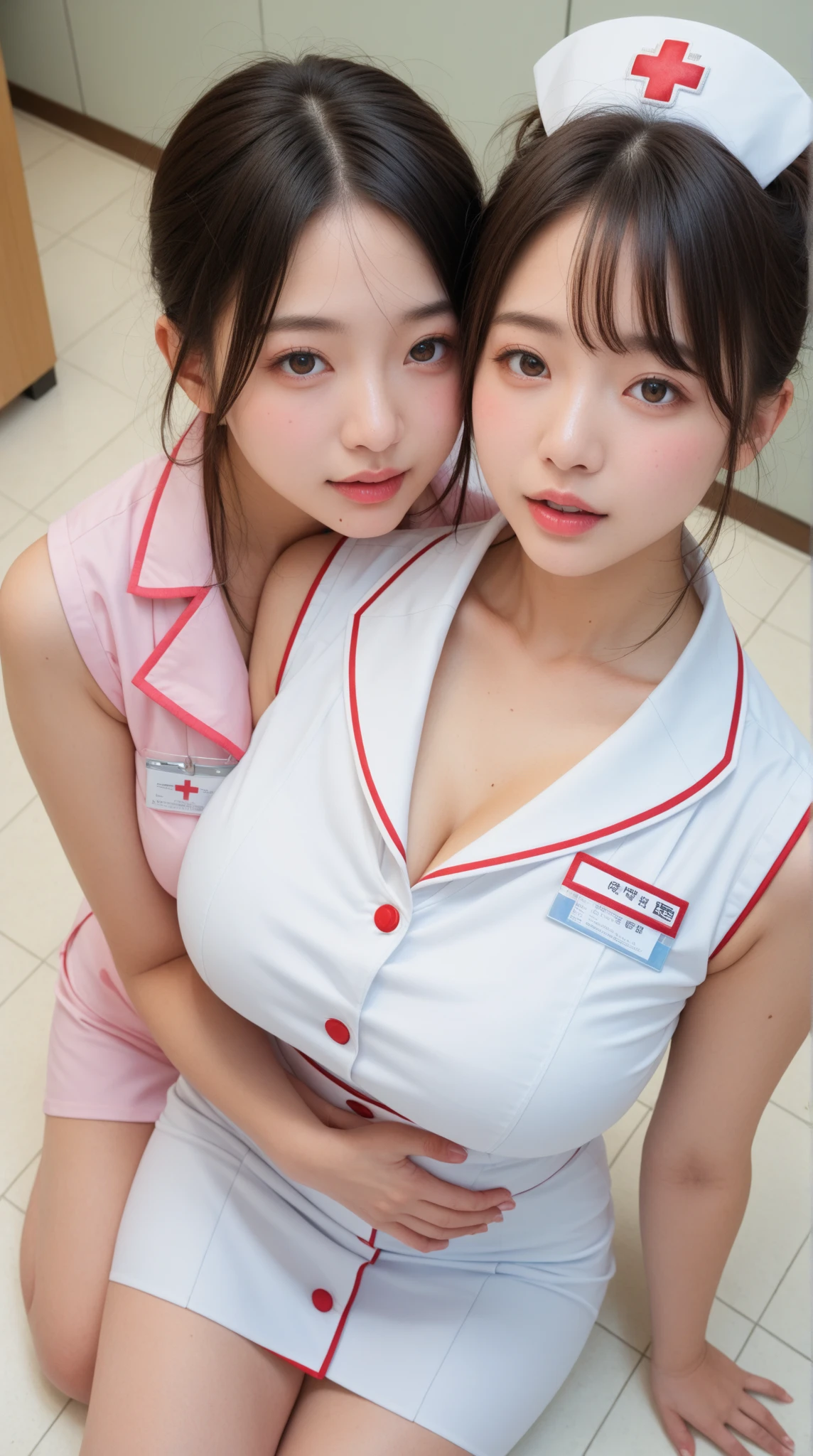 Detailed and complex,  (Perfect figure), Long legs, (Japanese woman), Long and straight hair in light color, (perfectly cute face:1.4), round face, partly lips, (very huge breasts:1.5), (nurse costume:1.22), (view from below:1.33), 2 women, kissing, looking into the camera,  high quality, highres, anatomically correct, indoor
