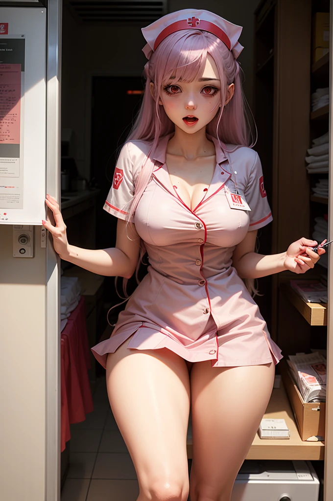 Very detailed color photo, young woman, looking over here, beauty, sitting, spreading her legs, nurse, bed in hospital room, big breasts, pink nurse clothes, sexy panties, looking up from below --auto --s2