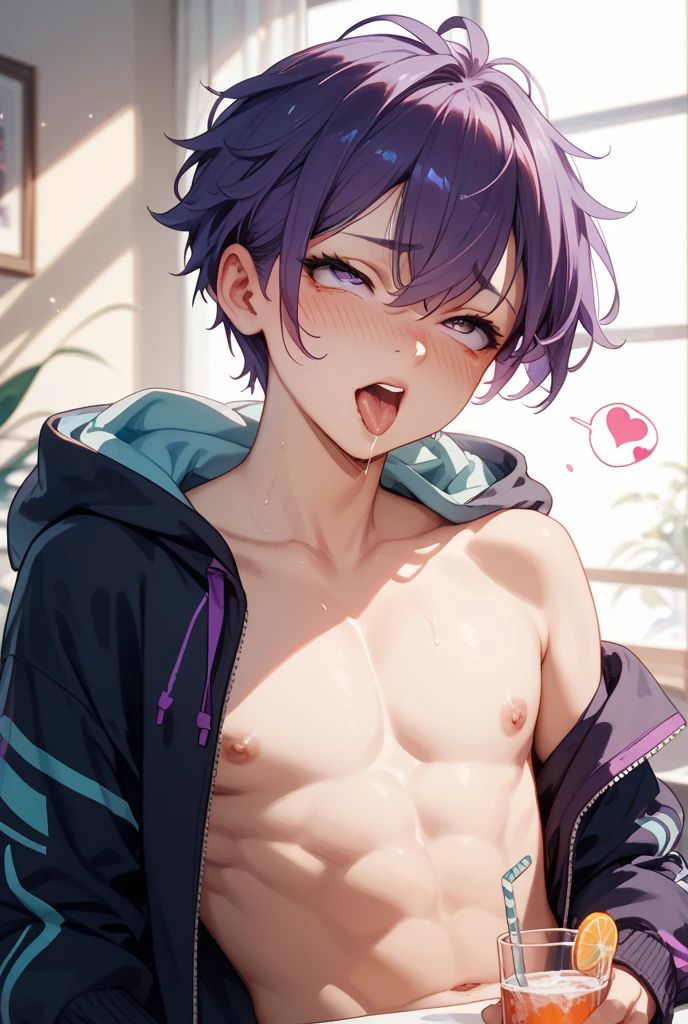 ((best quality)), ((masterpiece)), (detailed), (1man, perfect male body, handsome male), solo, messy black hair with hot pink and darker black streaks in it, pale white skin, cherry red shiny lips, silver piercing on bottom lip, hot pink colored lollipop in mouth, hot pink colored eyes, white crop with black tie, black collar on neck, black and hot pink shoulder drop jacket, piercings in ear, sexy position, slight frown,