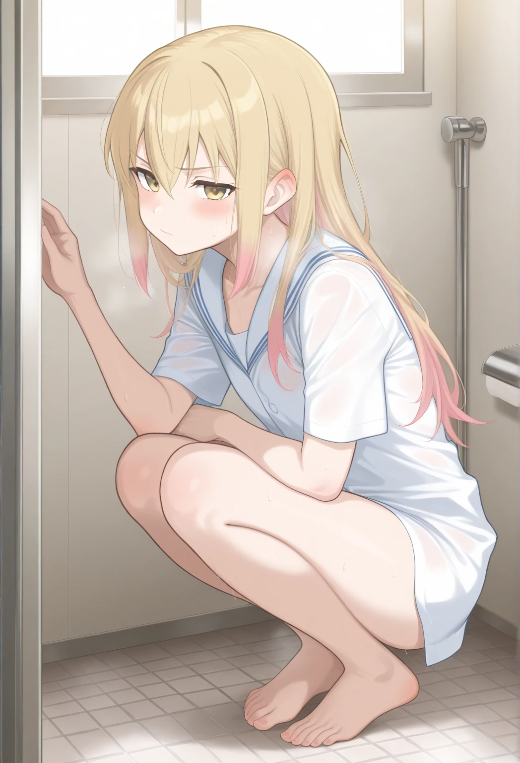 One girl,alone,Tenma Saki, body type,Yellow Hair,Red Eyes,project sekai,long hair,cute,cute,nsfw,shirt,corridor, open vagina
