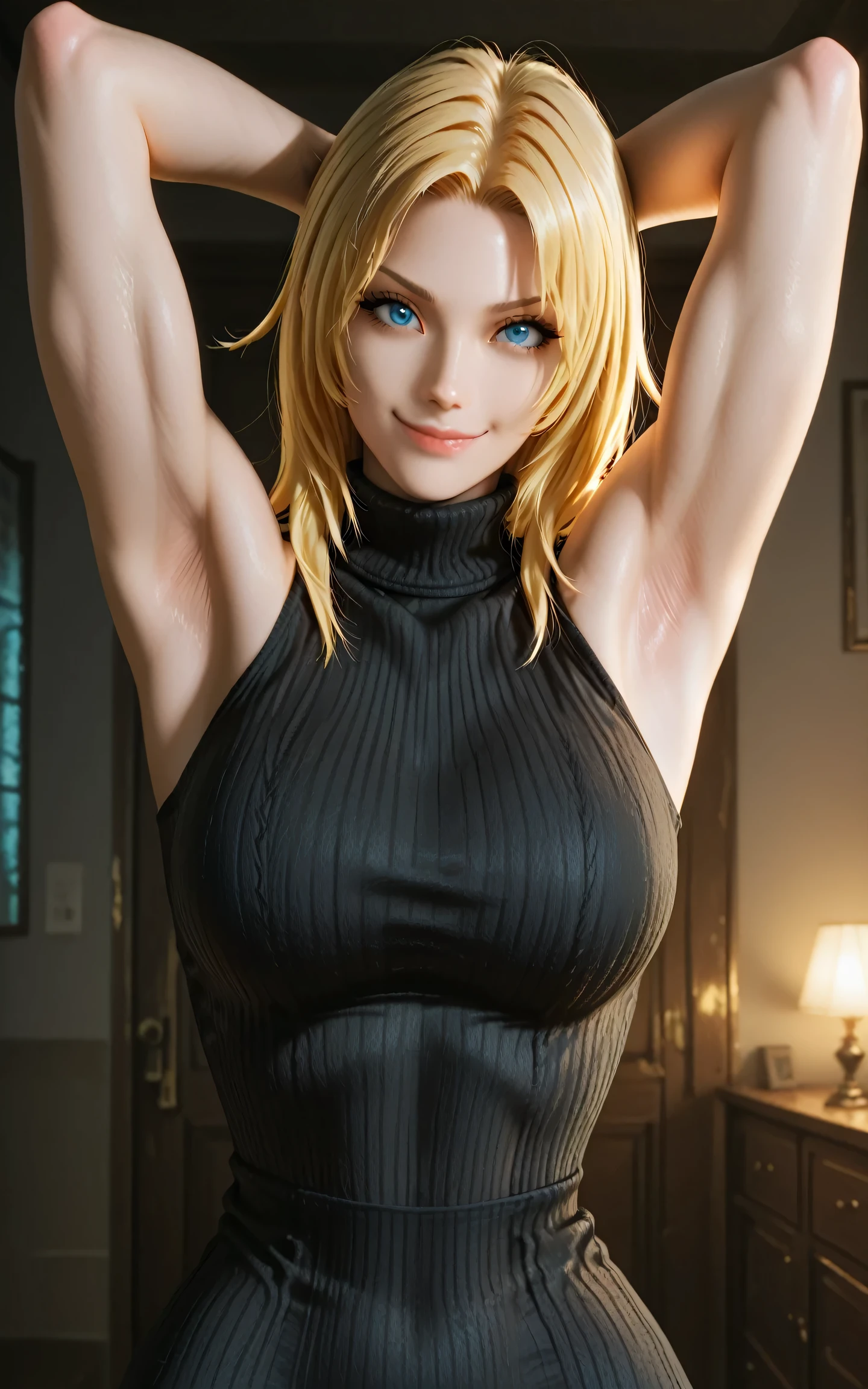 masterpiece, best quality, amazing quality, anime screencap, anime coloring, 1girl, solo, Tina_Armstrong, blonde hair, long hair, blue eyes, medium breasts, (muscular female:0.9), black sweater, sleeveless sweater, ribbed sweater, turtleneck, arms behind head, armpits, armpits focus, head towards viewer, looking at viewer, direct eye contact, smile, closed mouth, indoors,