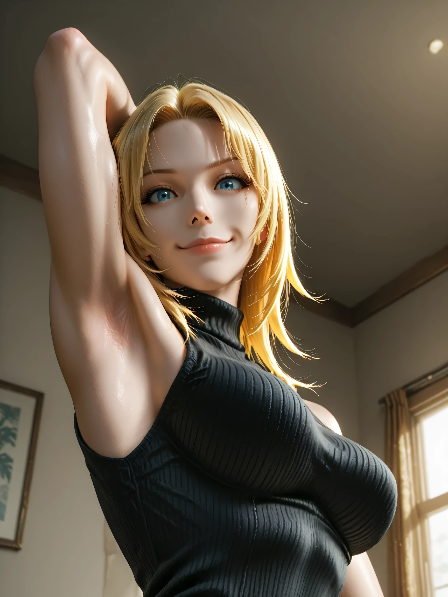 masterpiece, best quality, amazing quality, anime screencap, anime coloring, 1girl, solo, Tina_Armstrong, blonde hair, long hair, forehead, blue eyes, medium breasts, (muscular female:0.9), black sweater, sleeveless sweater, ribbed sweater, turtleneck, arm behind head, armpit, armpit focus, head towards viewer, looking at viewer, direct eye contact, smile, closed mouth, indoors, from side, from below