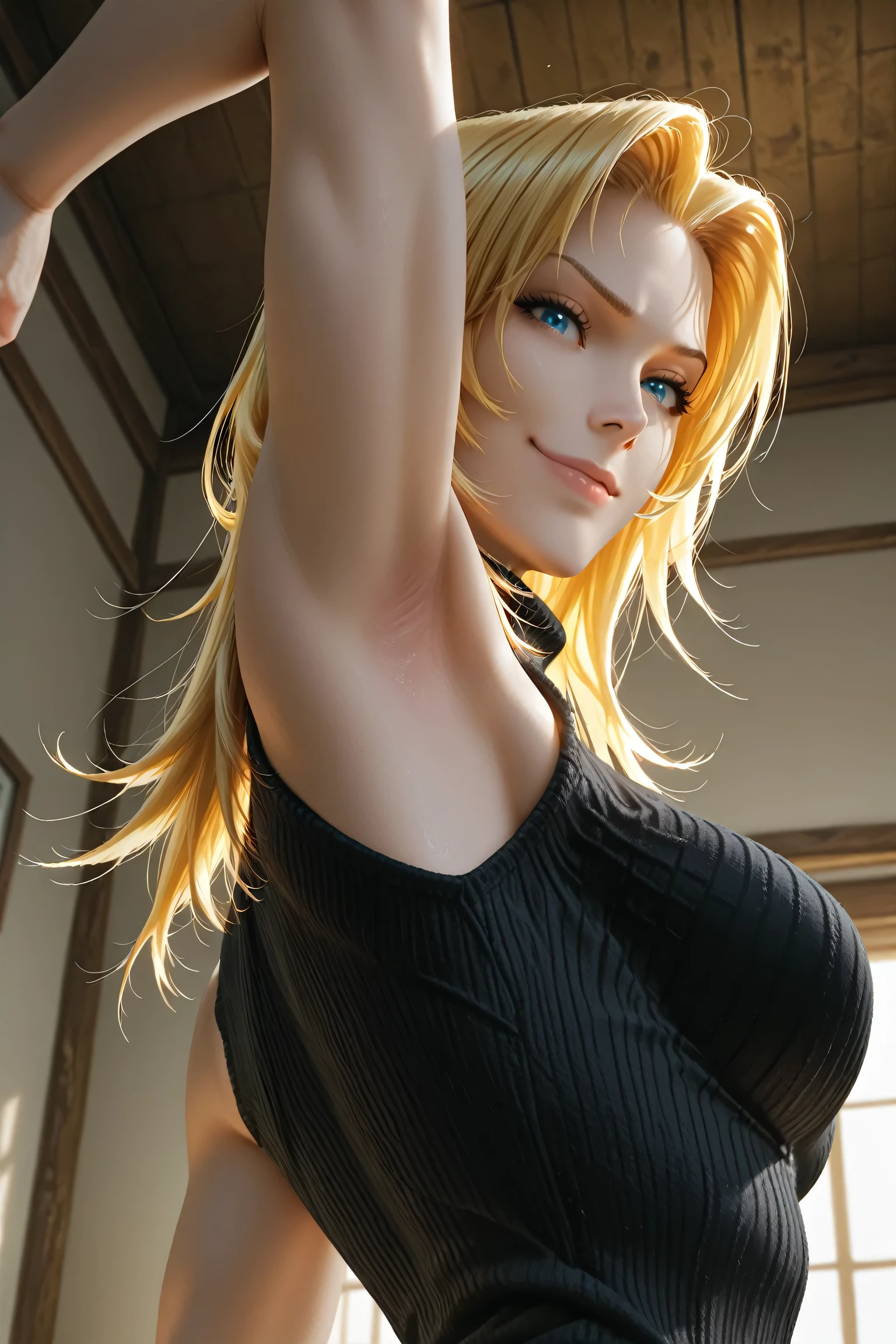 masterpiece, best quality, amazing quality, anime screencap, anime coloring, 1girl, solo, Tina_Armstrong, blonde hair, long hair, forehead, blue eyes, medium breasts, (muscular female:0.9), black sweater, sleeveless sweater, ribbed sweater, turtleneck, arm up, raised arm, armpit, armpit focus, head towards viewer, looking at viewer, direct eye contact, smile, closed mouth, smug, indoors, from side, from below, from behind,