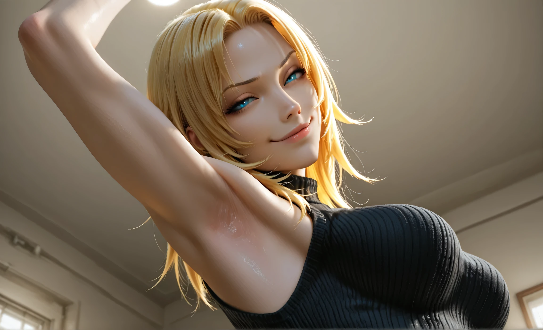 masterpiece, best quality, amazing quality, anime screencap, anime coloring, 1girl, solo, Tina_Armstrong, blonde hair, long hair, forehead, blue eyes, medium breasts, (muscular female:0.9), black sweater, sleeveless sweater, ribbed sweater, turtleneck, arm up, raised arm, armpit, armpit focus, head towards viewer, looking at viewer, direct eye contact, evil smile, closed mouth, smug, half-closed eyes, indoors, from side, from below, from behind,