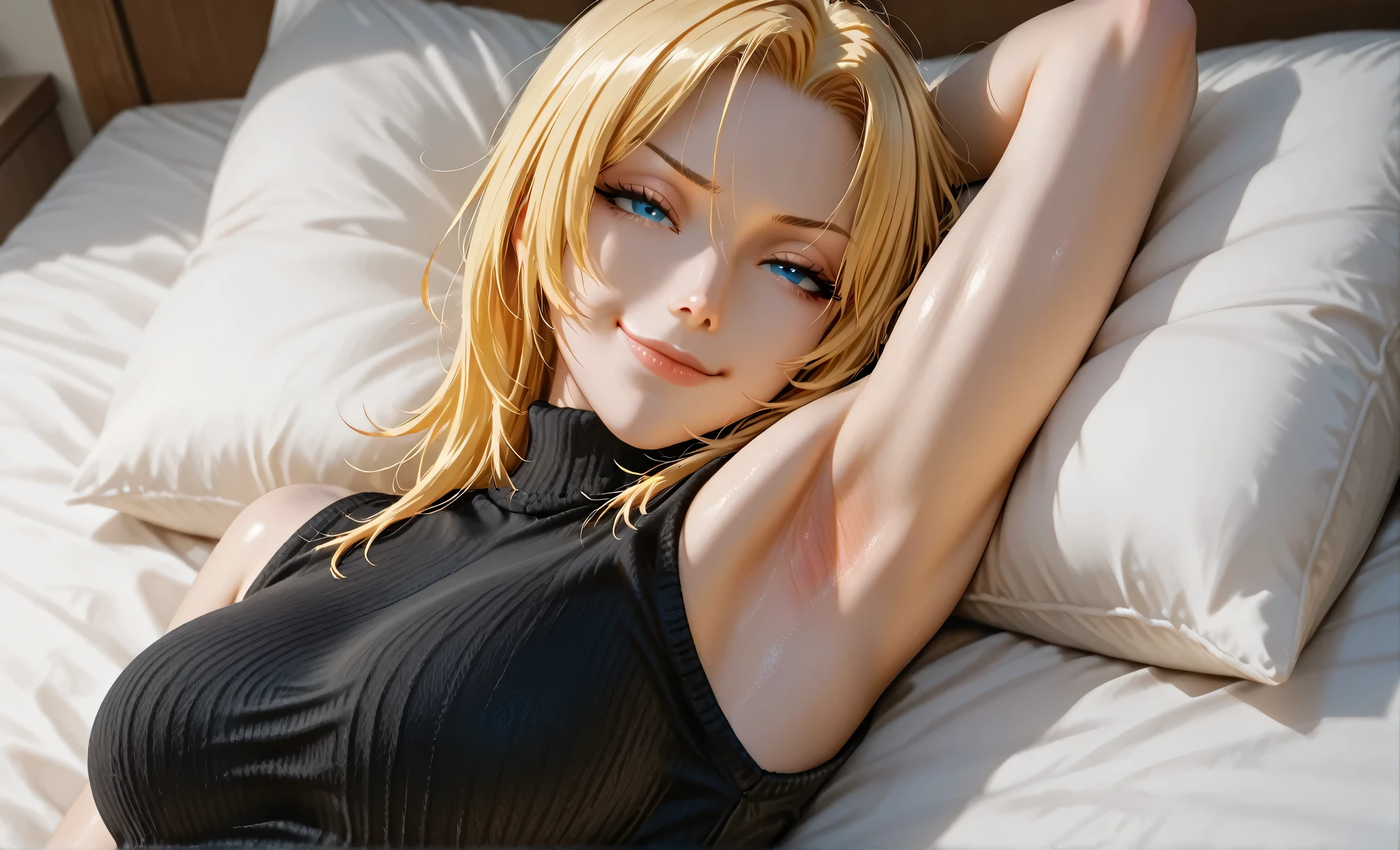 masterpiece, best quality, amazing quality, anime screencap, anime coloring, 1girl, solo, Tina_Armstrong, blonde hair, long hair, forehead, blue eyes, medium breasts, (muscular female:0.9), black sweater, sleeveless sweater, ribbed sweater, turtleneck, arm behind head, armpit, armpit focus, head towards viewer, looking at viewer, direct eye contact, smile, closed mouth, smug, half-closed eyes, lying in bed, from side, from above, pillow