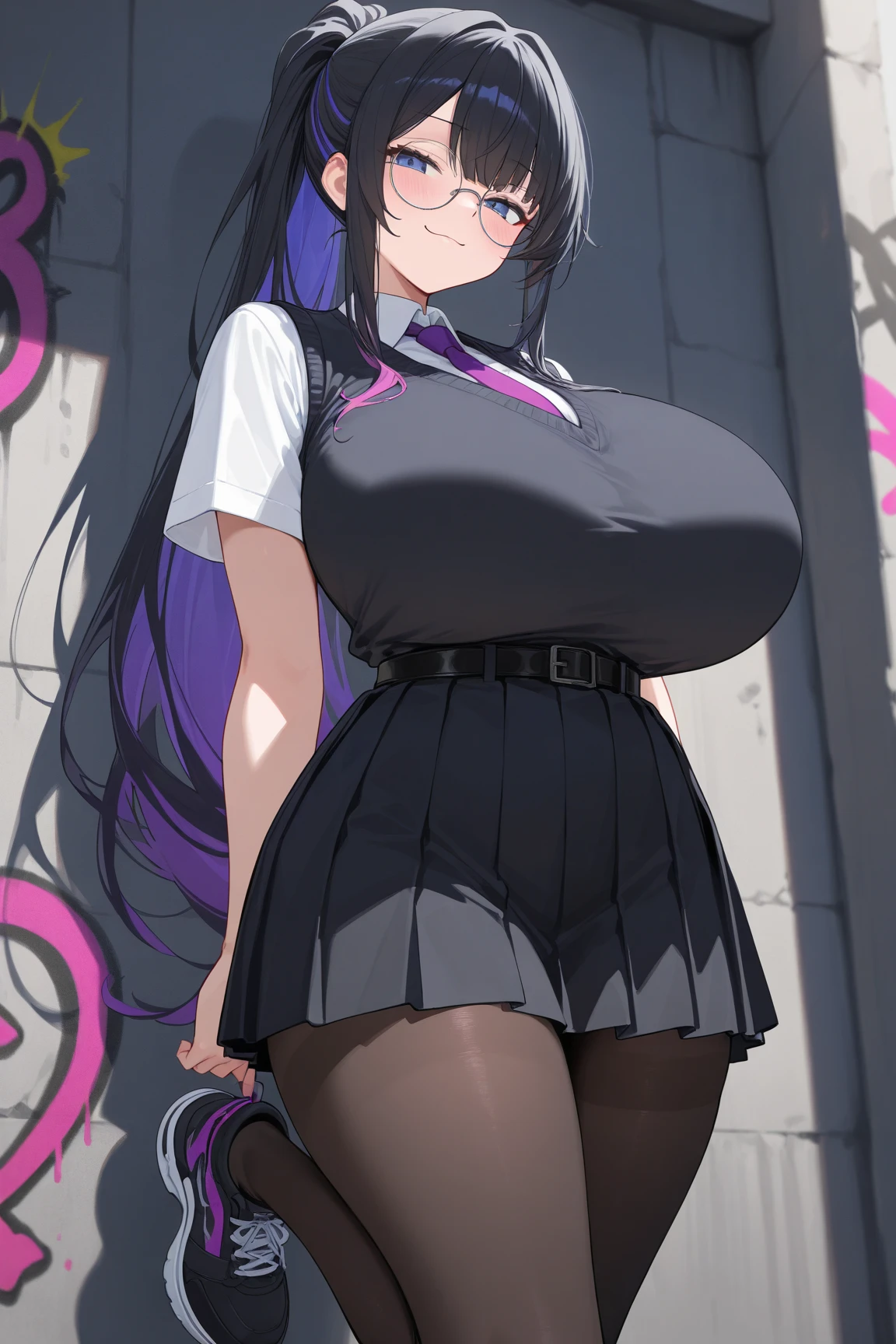 score_9,score_8_up,score_7_up,saurce_anime,rating_explicit,masterpiece, best quality, very aesthetic, absurdres, 1 girl,elma \(maidragon\), kobayashi-san chi no maidragon,brown hair,long hair,ponytail, (huge breasts),huge hip,Glamorous body,(white collared shirt, pleated skirt,checked skirt,glasses,race legware),embarrassed,blush,happy
BREAK
from below