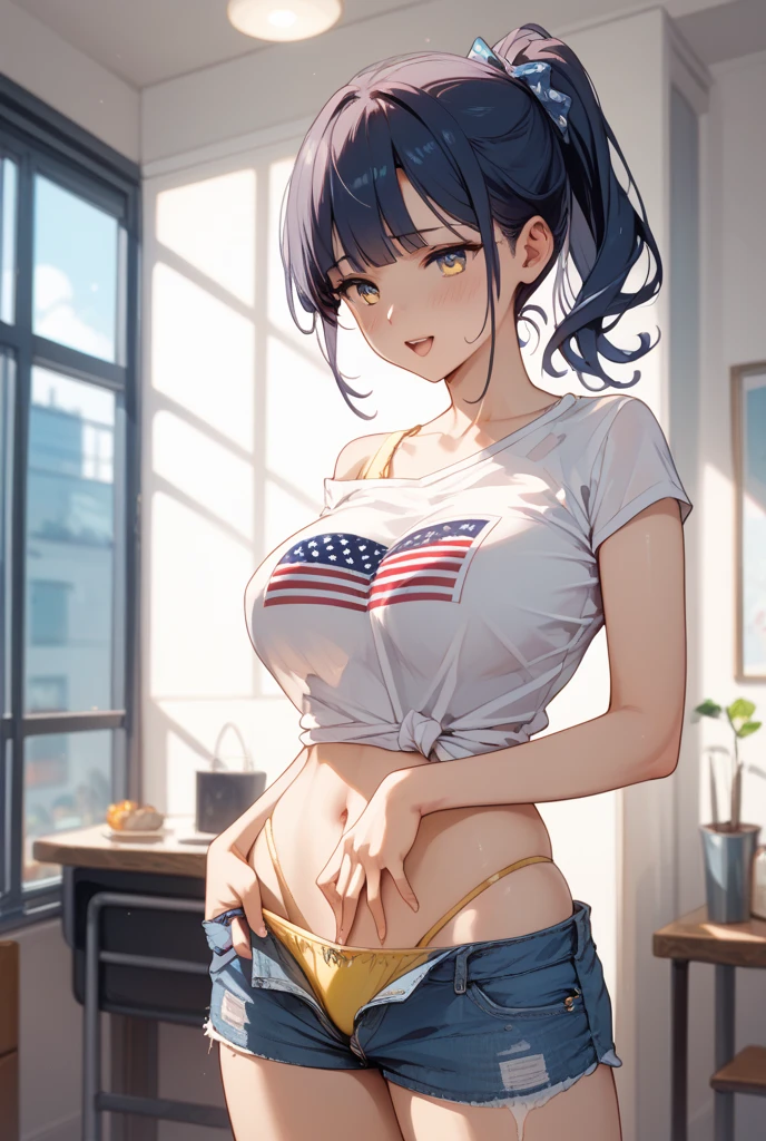 (best quality:1.3), (4K quality), (Detailed face:1.2), (Detailed eyes:1.2), 1girl, solo, Taiwanese woman, long black hair, With bangs,1 female in, 28 yo, Beautiful face, glossy lips, red lipstick, closed mouth, smirk, big breasts, deep cleavage, pale skin, smiling, teeth, ((Wearing: Black tight tank top, Tight Denim short-shorts, black high-heel shoes)), ((holding a flag:1.3)), ((Background: Outside, empty race track)), the woman is an race queen,