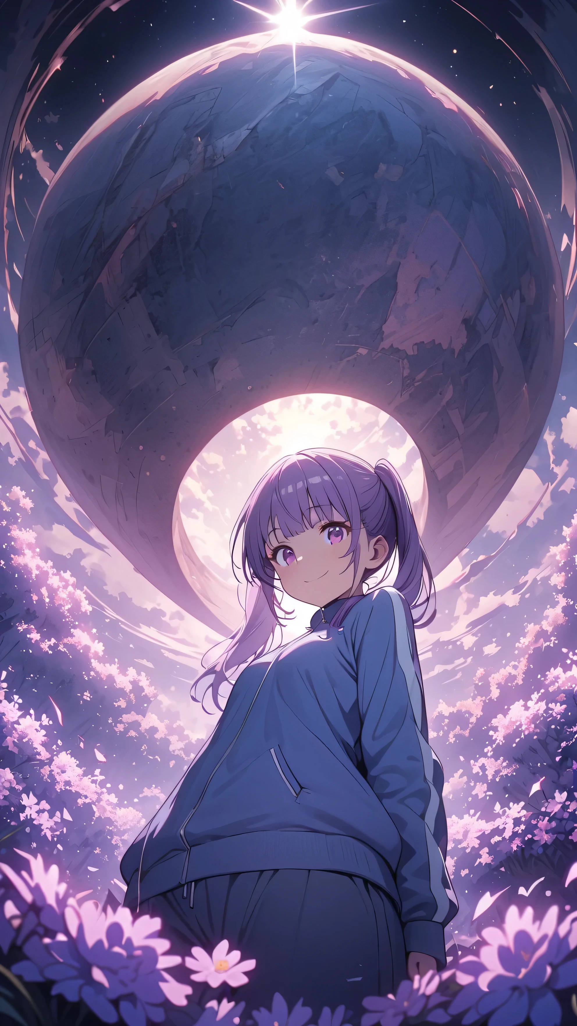Highest quality,8k,Highly detailed CG unit wallpaper,masterpiece:1.2,Ultra-high resolution,RAW Photos,(beautiful girl: 1.3),Looks about 、 (Blue sweatpants:1.3), (The jacket is a blue track jacket..: 1.3), Rear view,flower field、from below,(looking down, watching at Viewer),((Big, round and beautifully shaped butt)),(Great smile:1.3),Aoba SUZUKAZE,purple hair, long_twintails, small breasts, purple_eyes,