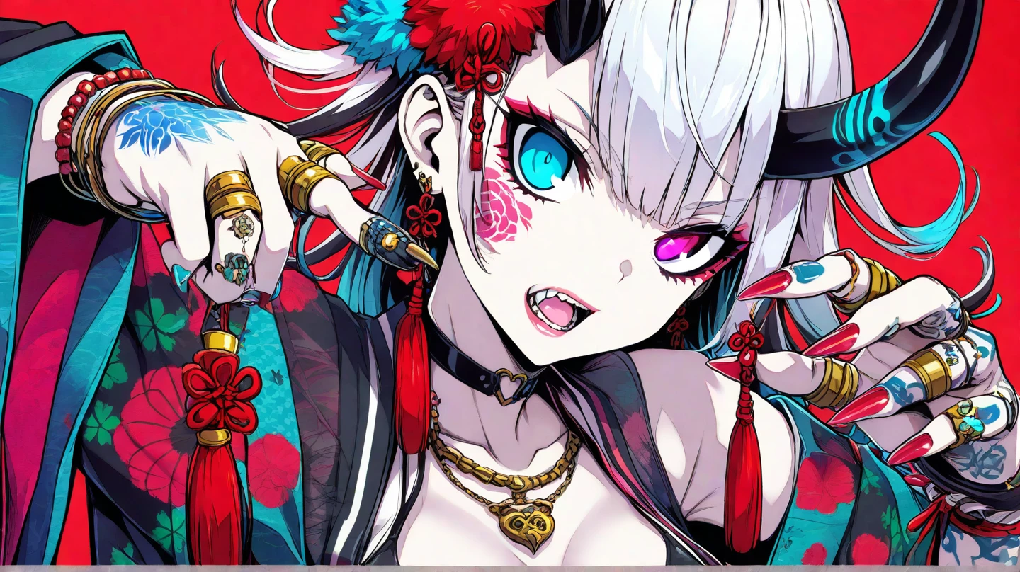 illustration of Alice of Wonderland in a rebellious pin-up style, Japanese manga style, wearing a bold look with a mix of classic and modern elements. Her skin is adorned with vibrant tattoos that show her rebellious nature, imagem contra fundo branco.