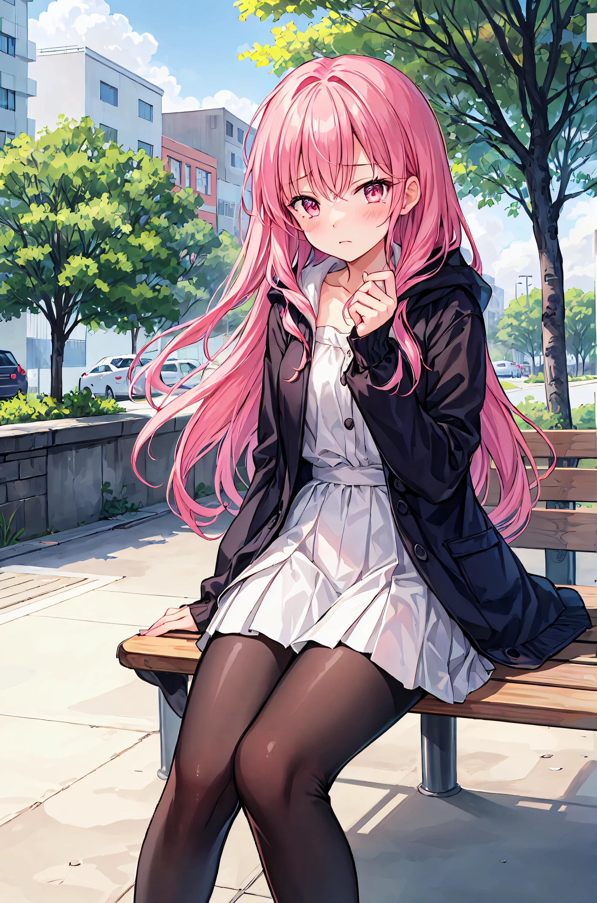 Anime style、1 girl in、cuerpo completo Esbian、Mostrar las sonrisas、{peinado en:(cabello rosado)、(Longhaire),(Pelo de antena),(de doble cola)}、ojos rosados、sudadera con capucha rosa、Pendientes de cuatro hojas、Minifalda rosa、black pantyhose, Calcetines altos blancos、para estar de piepink sneakers、Frontal composition