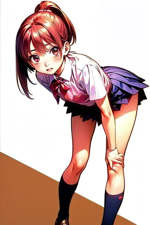 (((a leg up high:1.5))),cheerleader,orange_skirt,cowboy_shot,white_thong,(((underboob))),nipple,white_thigh_highs,eyes in highlight,(tareme:1.5),(Round_eyes:1.2),narrow waist,small hip,big breast, masterpiece, best quality,ultra-detailed,highres,extremely detailed CG,super fine illustration,anime,details,detailed beautiful skin,shy smile,open_mouth