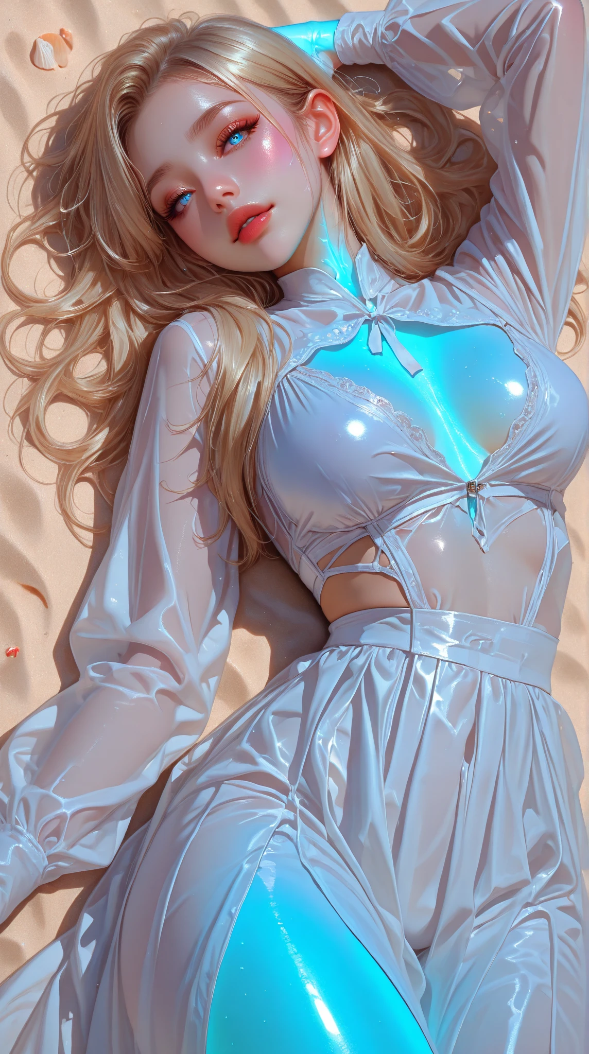 4K,realisticlying,Glamorous,The is very detailed,wearing bodysuit,white straitjacket,Long light blonde hair,see-through transparent clothes,full bodyesbian,the sky background,sit astride,Raise your legs,The face is delicate,Sharp eyes,big breasts beautiful,Bigchest,Lovingly,Oriental face,Stick out your tongue,perspire,Crystal sweat beads,Rained,Get wet,rainwater,grab chest,Cover your chest,raising her legs,Lying position,Top-down view