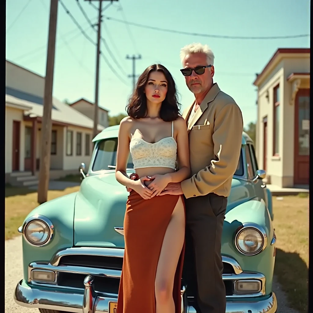 A man and a woman are sitting on the roof of the car, old color photo, vintage color photo, Photo in color, colorized, a colorized photo, old color photo, a colorized photo, a colorized photo, Autochrome, colored photo, colored photo, Ayanamikodon and Irakli Nadar, 1960s color photograph, unknown location, Photo Restoration, Photo Quality Enhancement, Elaboration of details