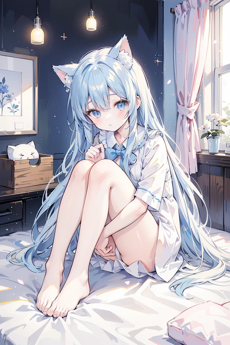 masutepiece,Best Quality,ultra-detailliert,Two hands,Two legs,Five Fingers,best faces,1 girl,Blue Long Hair,timid,Cat ears,pale blue eyes, Height 145cm,small tits,Big shirt,Yawn, Stretch your body,Close one eye,Teary-eyed, Sit on the bed,light coming through the window,Cat tail in the ass,Infant face