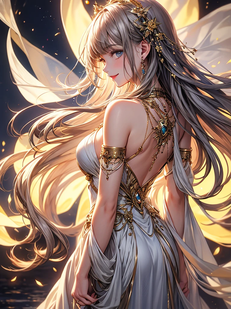 Night scene,（（masterpiece））、（detailed：1.4）（Close-up）、A fantastic atmosphere、Ancient Capital、Fantastic beauty images,One Woman、White Dust、Light Dances、Black Revealing Dress、Dancing Girl、（Gray hair that changes with light、Long bangs that block the view、Long, lustrous white hair、Smooth and straight hair、white hair fluttering in the wind、Beautiful bangs）、（Beautiful white and shining skin、Cheek gloss highlight、Sexy and very beautiful and adorable face、The most beautiful face in the world、Big, sparkling blue eyes）、（A cute 25 year old girl、Ample breasts、Small waist、delicate shoulders、Perfect figure）
