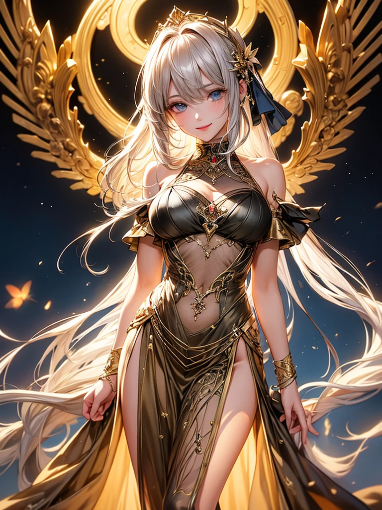 The radiant light is as dazzling as gold. The angel descends from the sky with white transparent wings..Translucent golden gauze dress is noble, dignified and elegant. Close-up of character( Perfect anatomical structure ) Beautiful and extremely fine texture,detailed, bright, Animation style high definition and high quality presentation