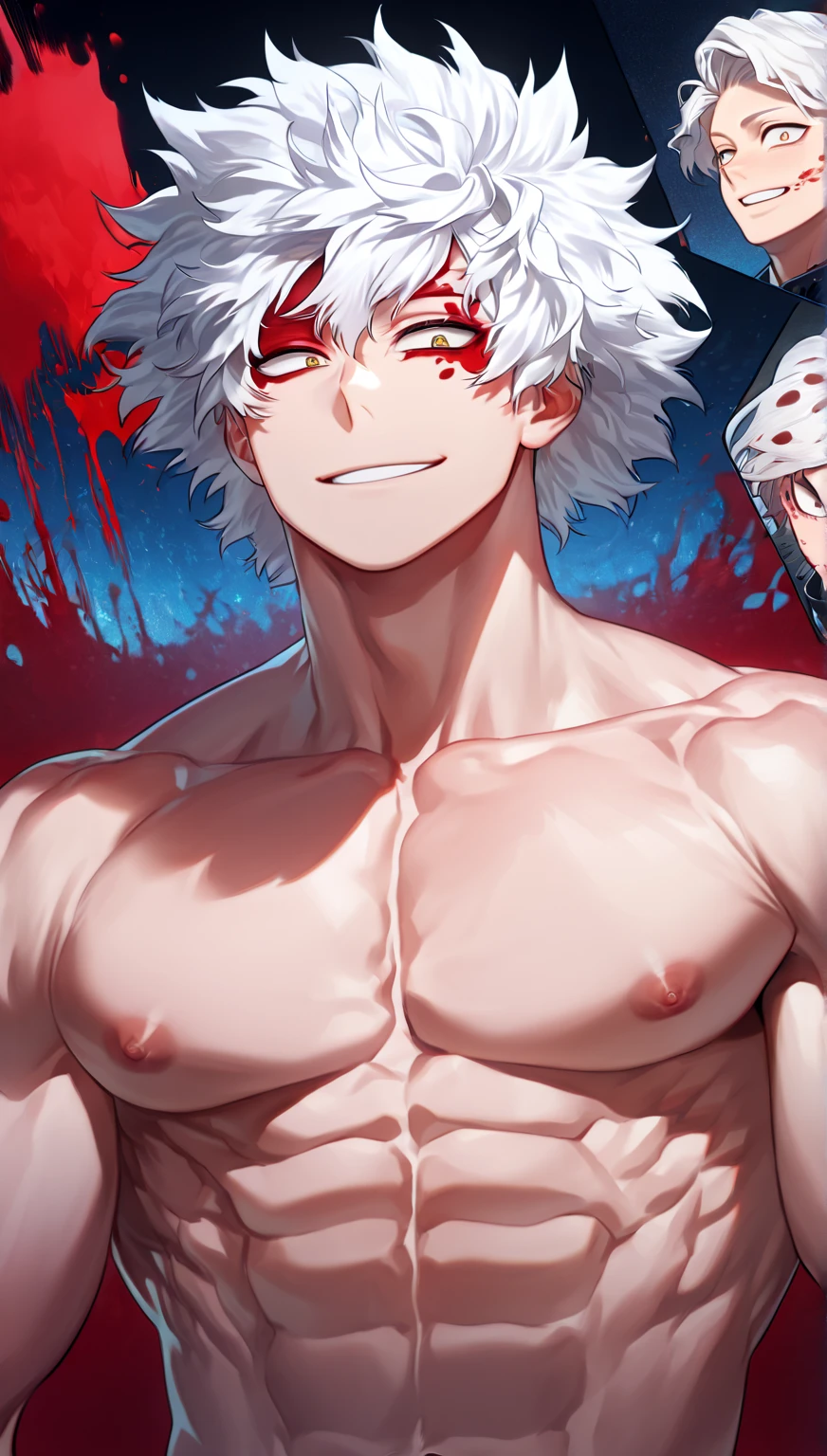 score_9, score_8_up, score_7_up, score_6_up, rating explicit, focus male, source anime, guy, black sclera, Pale skin, Very white skin, clown, blood, abs, nipples, wet, spread legs, low angle, male only, yaoi