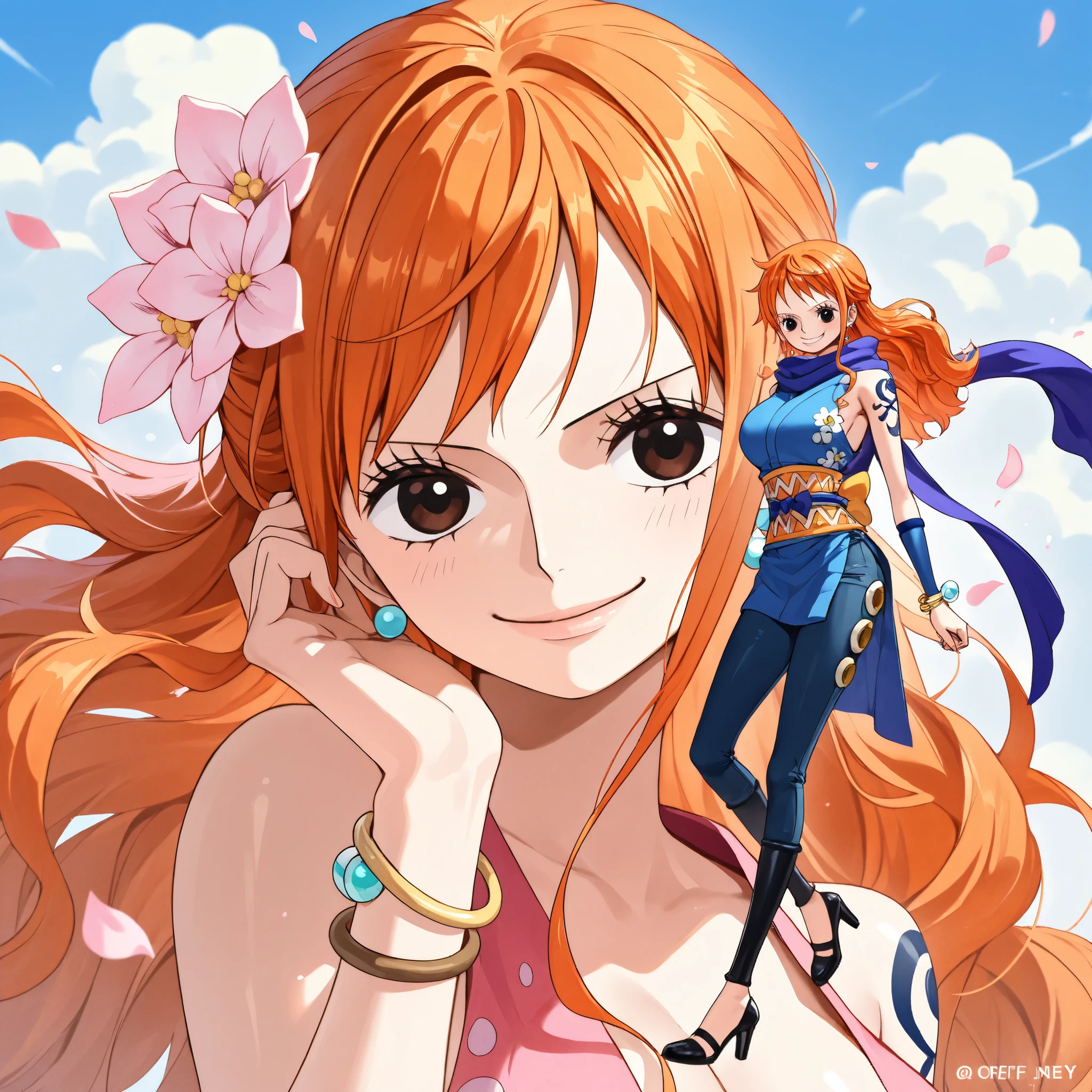 Thousands of flowers bloom, Ninja clothing, earrings, high heels, bracelet, tattoo , orange hair, masterpiece, healthy look 、 One Piece Nami、dynamic、Portrait、beautiful background with sky and clouds、camera、smile、 close one eye、full body、