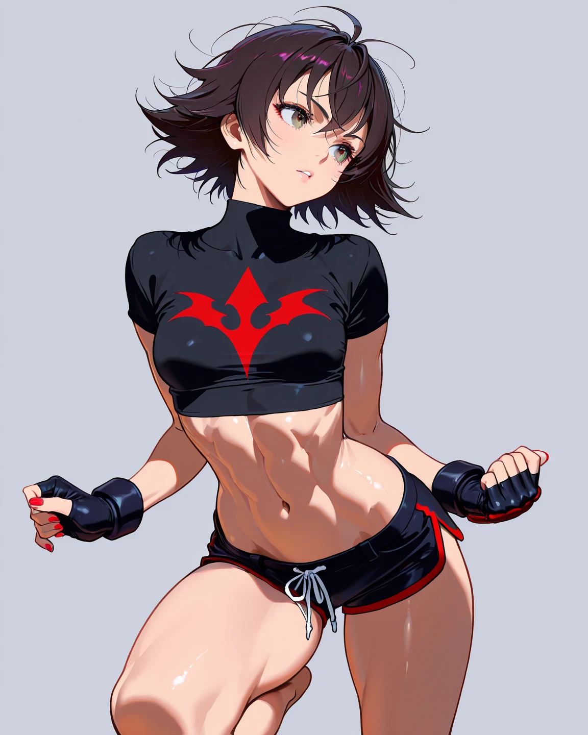 female,very short hair,Wear a red eye patch over your right eye..,black hair,Wear a tank top,There are abdominal muscles.,red sickle,open mouth smile,มีred sickle.Wear a bikini top.