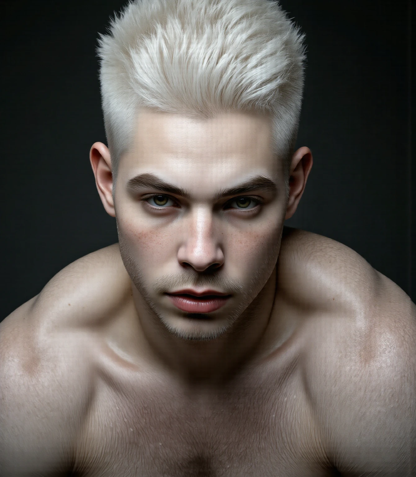 Portrait photo of young and handsome man , 20 years old , white hair , wearing nothing, artistic portrait , sexy posing , dark light , art , cinematic elegance, elegantly formal