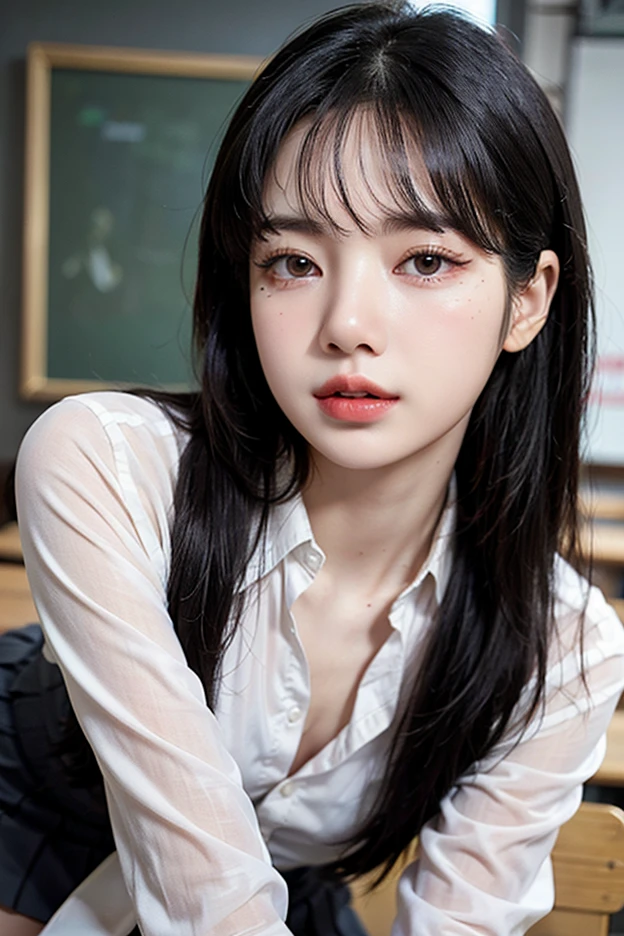 Highest quality、Ultra-high resolution、(Realistic)、18-year-old girl、((((School Uniform, 30%naked))))、((((I can see your nipples)))),Hyper Detail、Super Realistic、(Realistic)、More about beautiful skin、(masterpiece:1.0)、(Highest quality)、(Ultra-high resolution)、8K resolution、Canon EOS R5、135mm、Absurd、Very detailed、Sharp focus、Fine skin、(((Chirarizum、Small breasts)))