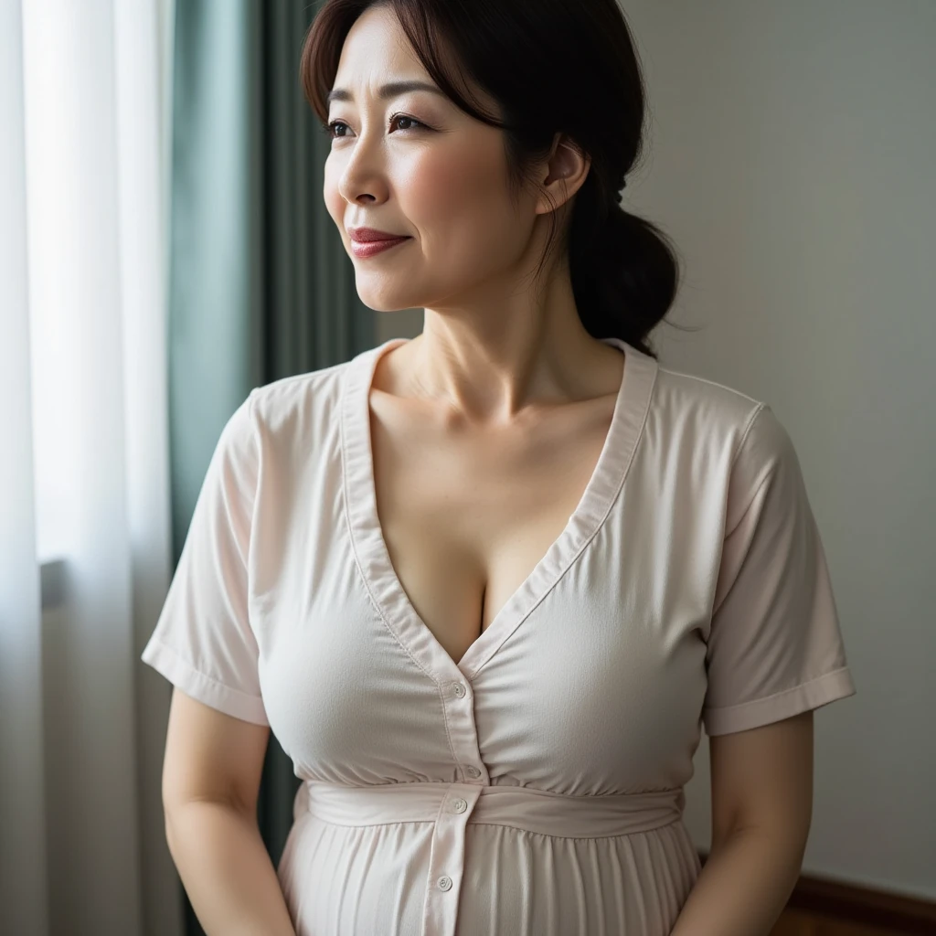 Upper body portrait of a middle-aged Japanese woman。Age around 50s。Body type is slightly overweight(BMI around 25-30)in、Abdomen has a gentle bulge。Female facing right、Slightly looking down。Expression shows anxiety and worry、Seems to be concerned about her own body shape。There are slight wrinkles between the eyebrows、Lips are slightly closed。Wearing a white jacket、Holding both hands on the stomach over the clothes。The gesture reveals self-consciousness and concern。The clothes should fit snugly against the skin、The clothes on the stomach should not be rolled up and expose the skin.。Composition is centered on the abdomen、Framed so that the entire upper body is visible。背景はシンプルin、The subject's inner conflict is emphasized。
