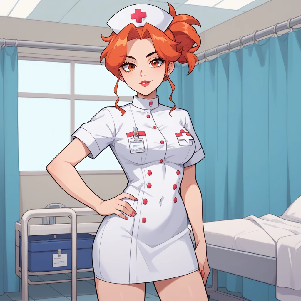 (masterpiece, top quality, best quality), pixel,pixel art,1girl,nurse costume,big bosom,sit on chair,full body