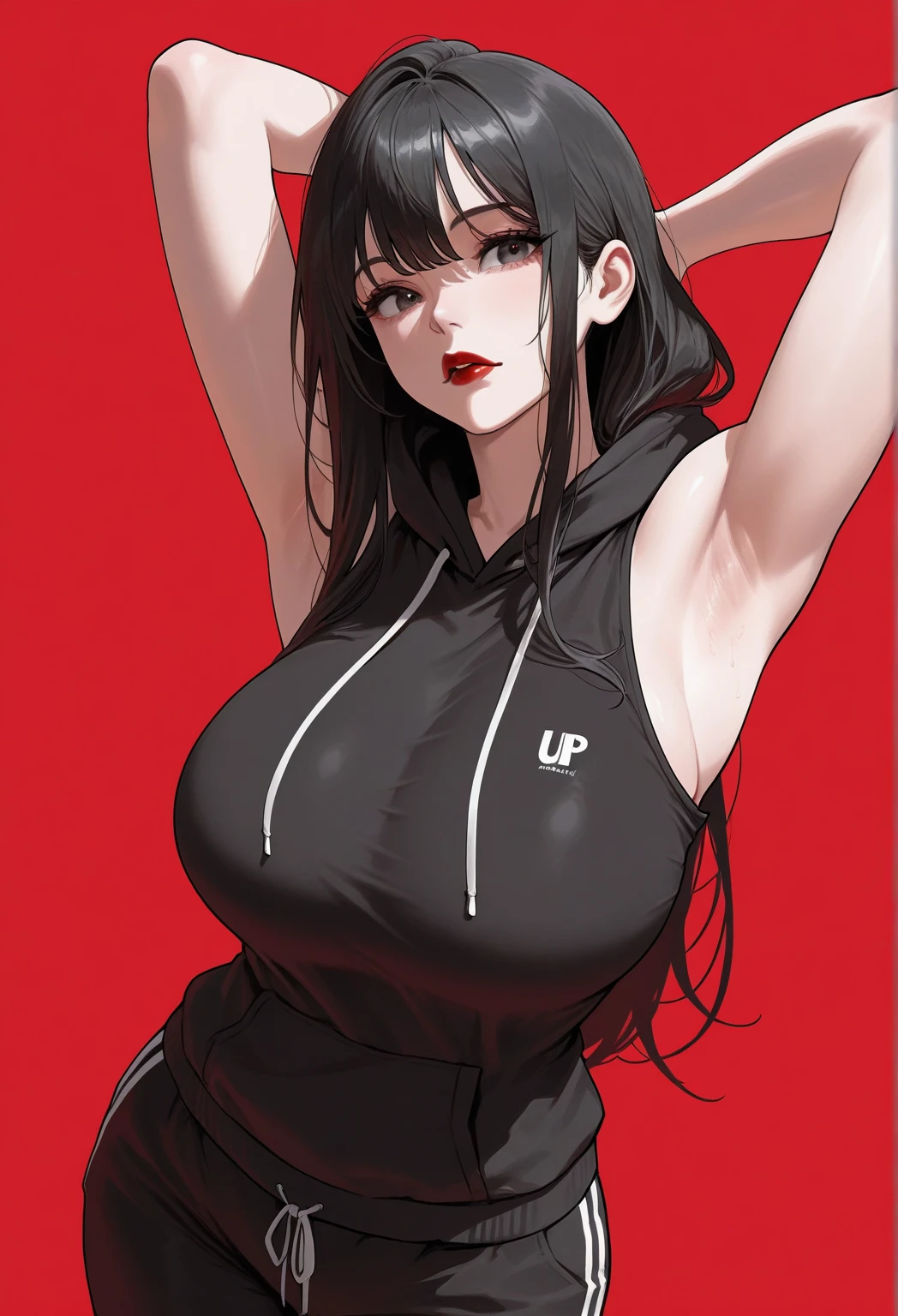 masterpiece, best quality, highres, videl2, solo, blue eyes, black hair, twintails, black gloves, bike_shorts, bangs, white shirt, badge, medium breasts, cowboy shot, frown, hand on hip, leaning forward, pointing at viewer,