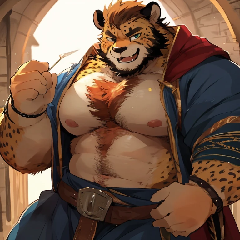 solo male, muscular body, massive pecs, ripped body, bulging pecs, saggy pecs, round pecs, huge pecs, lactating, nipple piercings, tiger knight, standing under the stars, fantasy background with castle in the distance, facing viewer, head tilted to the side, beautiful sunset sky, wearing tunic, tiger furry character, small waist, love handles