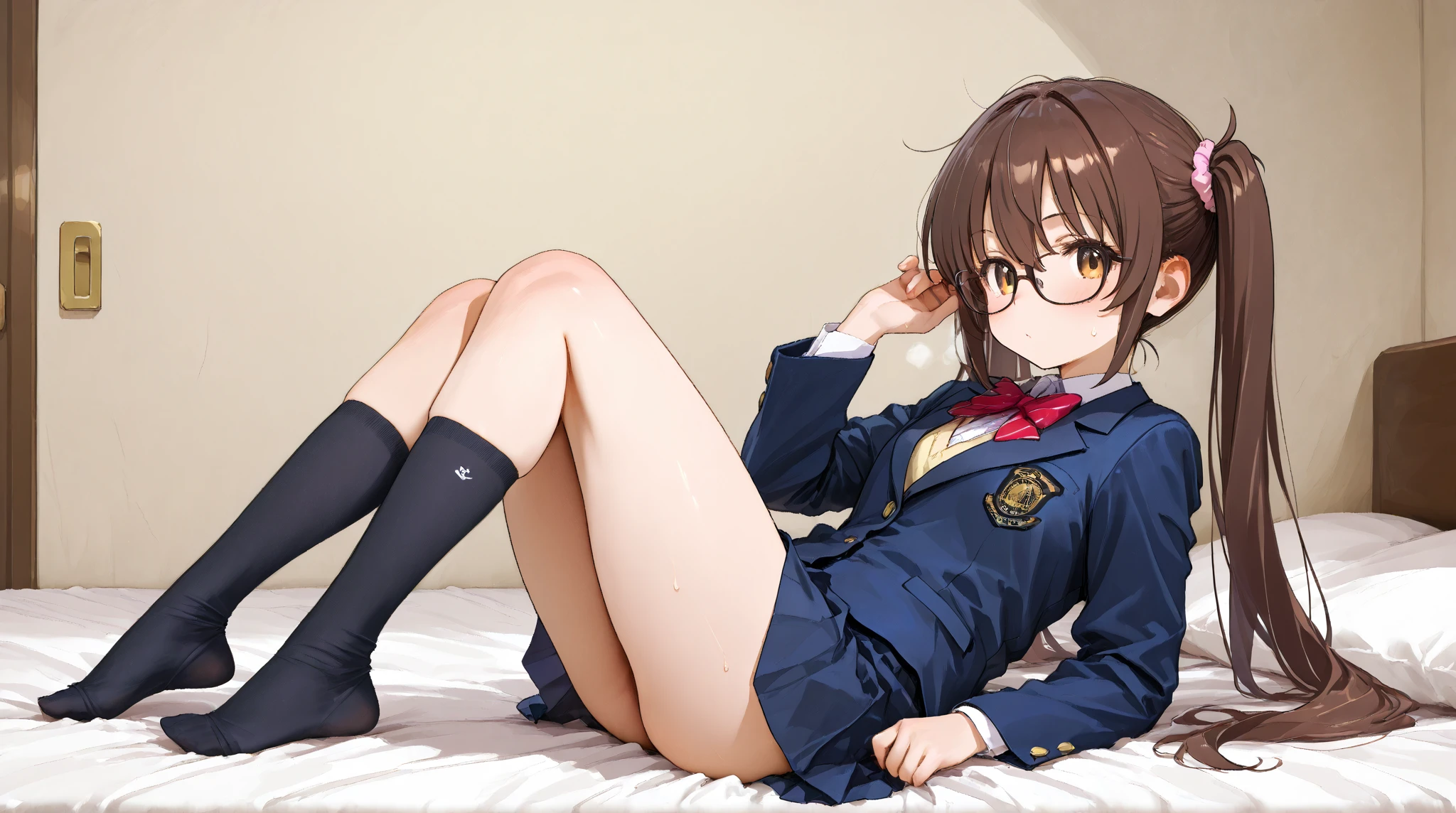 Crouch、Panty shot、high school girl、blazer、loose socks、Brown medium hair、