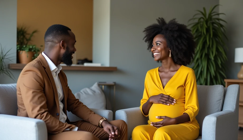 Bearded white man laughing with pregnant black woman