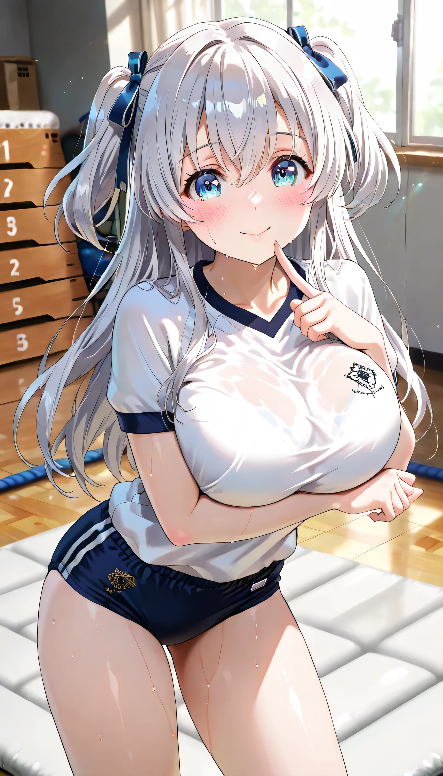 ((ultra-detailed)), (highly detailed CG illustration), (best quality:1.2), ultra-highly, girl, dainty facial structure, (face), (round face), rounded chin:1.2, short stature,, celia-default, celia claire, blue eyes, moist eyes, silver hair color, two side up, (hair ribbon with red), ample breasts, white gym uniform with navy blue rim:1.4, short sleeves:1.4, navy blue school gym buruma:1.4, gentle smile:1.2, blush:1.2, Sweat:1.4, looking at viewer, yoga pose on floor, yoga pose:1.4, gymnasium storeroom, yoga pose on a gymnastics mat, from front, dynamic pose, contrapposto pose, best quality, expecting, pink cheek, blush, light pink gloss slip, portrait, depth of field, sparkling sunlight, lighting, backlighting, shine, lighting, caustics, ray tracing, perfect face, lustrous skin, highly detailed face, highly detailed eyes, perfect face, perfect nose, perfect hair, perfect eyes, perfect anatomy, beautiful hair, beautiful small face, extremely detailed face, beautiful detailed eyes, beautiful clavicle, beautiful body, beautiful huge breasts, leavage, breasts squeezed together, equalize the size of the left and right breasts, beautiful thin thighs, beautiful legs, beautiful fingers, ((4 fingers)), 1 thumb, lovely, (very detailed background:1.0), (highly detailed background:1.0), summer aesthetic, intricate details, festival atmosphere, summer colors palette, chromatic aberration