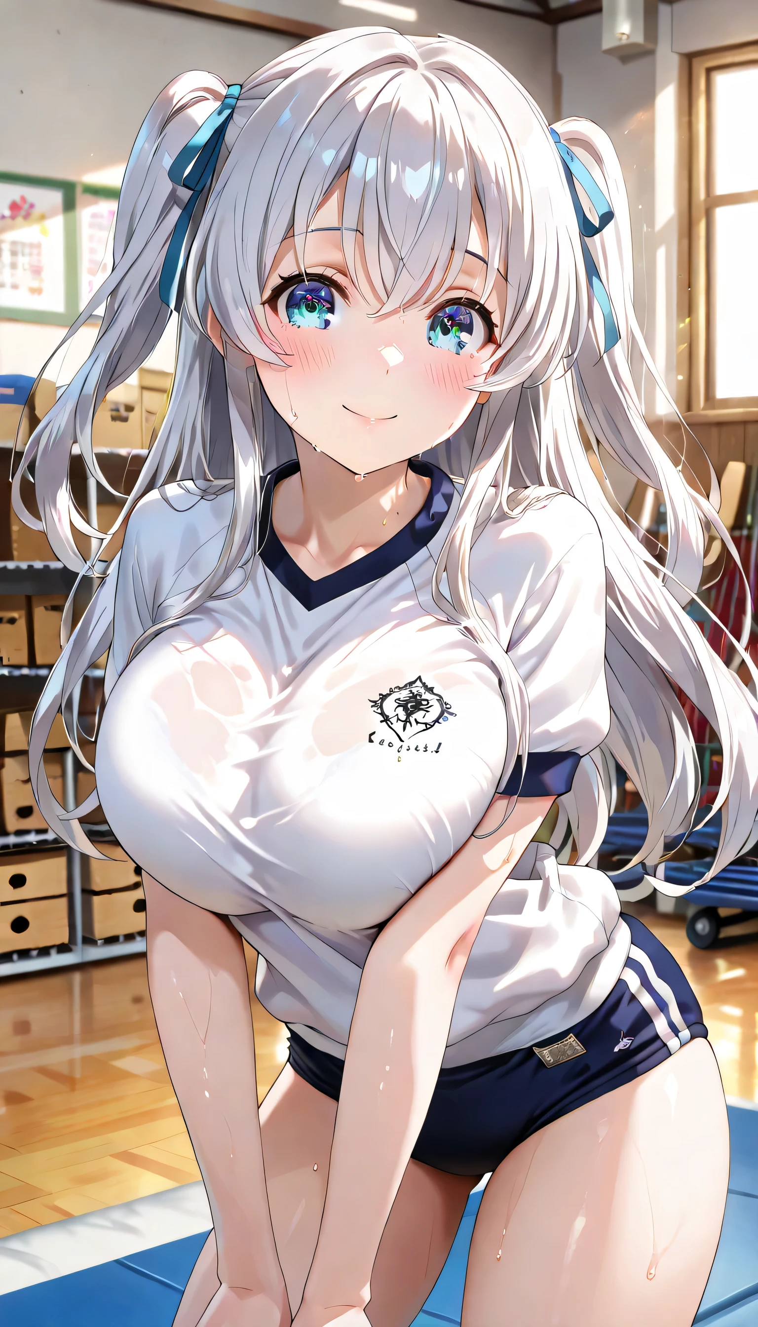 (Best quality, 8k, 32k, Masterpiece, UHD,:1.2),RAW, 1girl,ultra cute , natural lighting,transparent shining eyes, 20yo ,fair complexion,blush, open mouth, laughing, (sportswear), ((Dynamic angle)), medium breast, smiling, shiny,, ((White Background)), White hair, ponytail, Cowboy shot, wedgie, Cameltoe, sitting, From Below, erect nipple