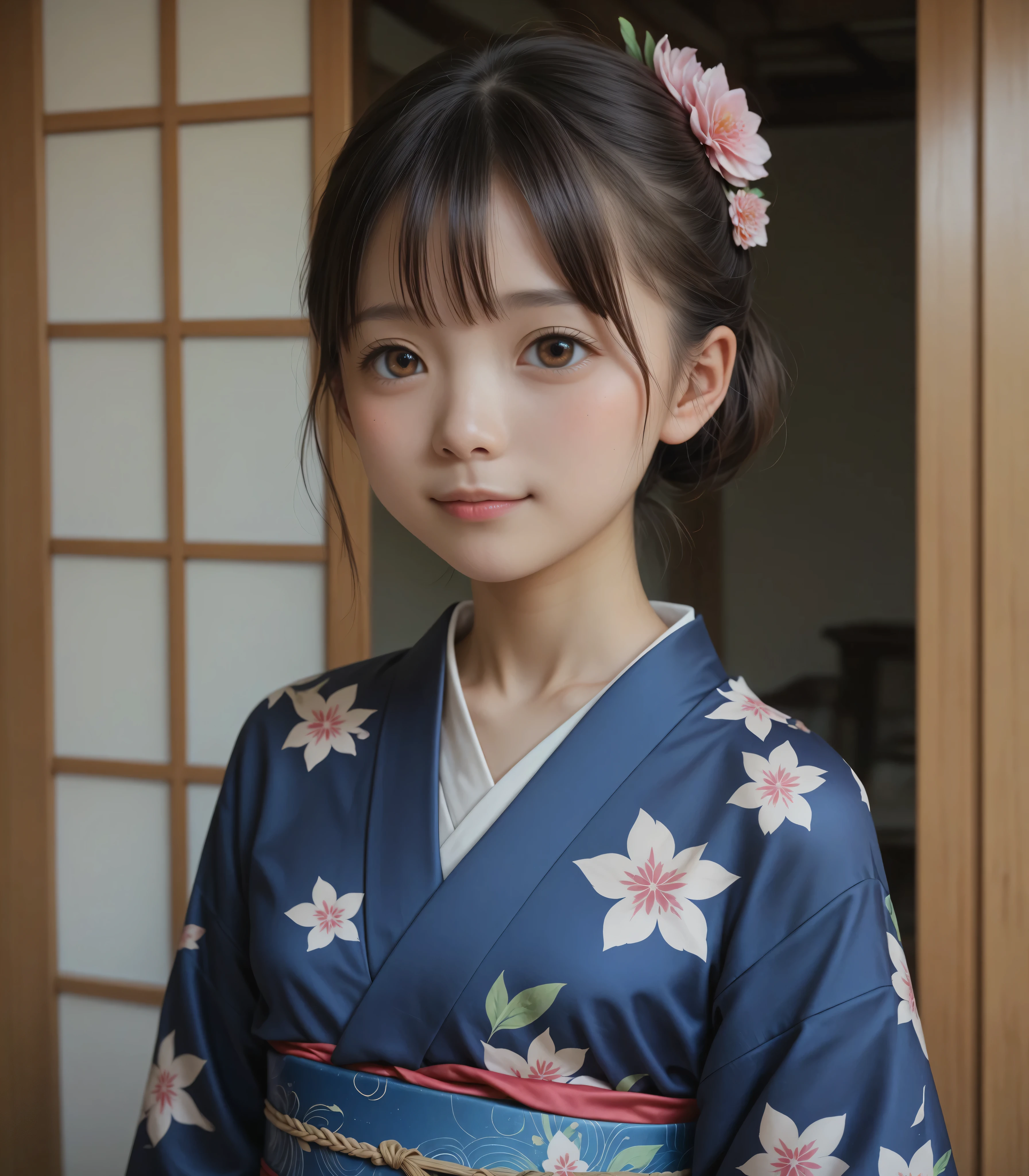 delicate,(( top quality)), ((masterpiece)), ( details), Narrow shoulders, Kimono, Japanese, brown eyes,coming-of-age ceremony surrounding multiple men,skinny,slender,short,slender body,younger,かわいいyounger女の子, small breasts,Narrow shoulders, realistic, Japanese,(smile:0.5)