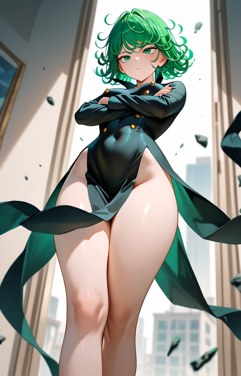 (masterpiece, best quality:1.2), cowboy shot, solo, 1girl, tatsumaki, lustful smile, closed mouth, looking at the viewer, ass, wide hips, black dress, night sky, clouds, erotica