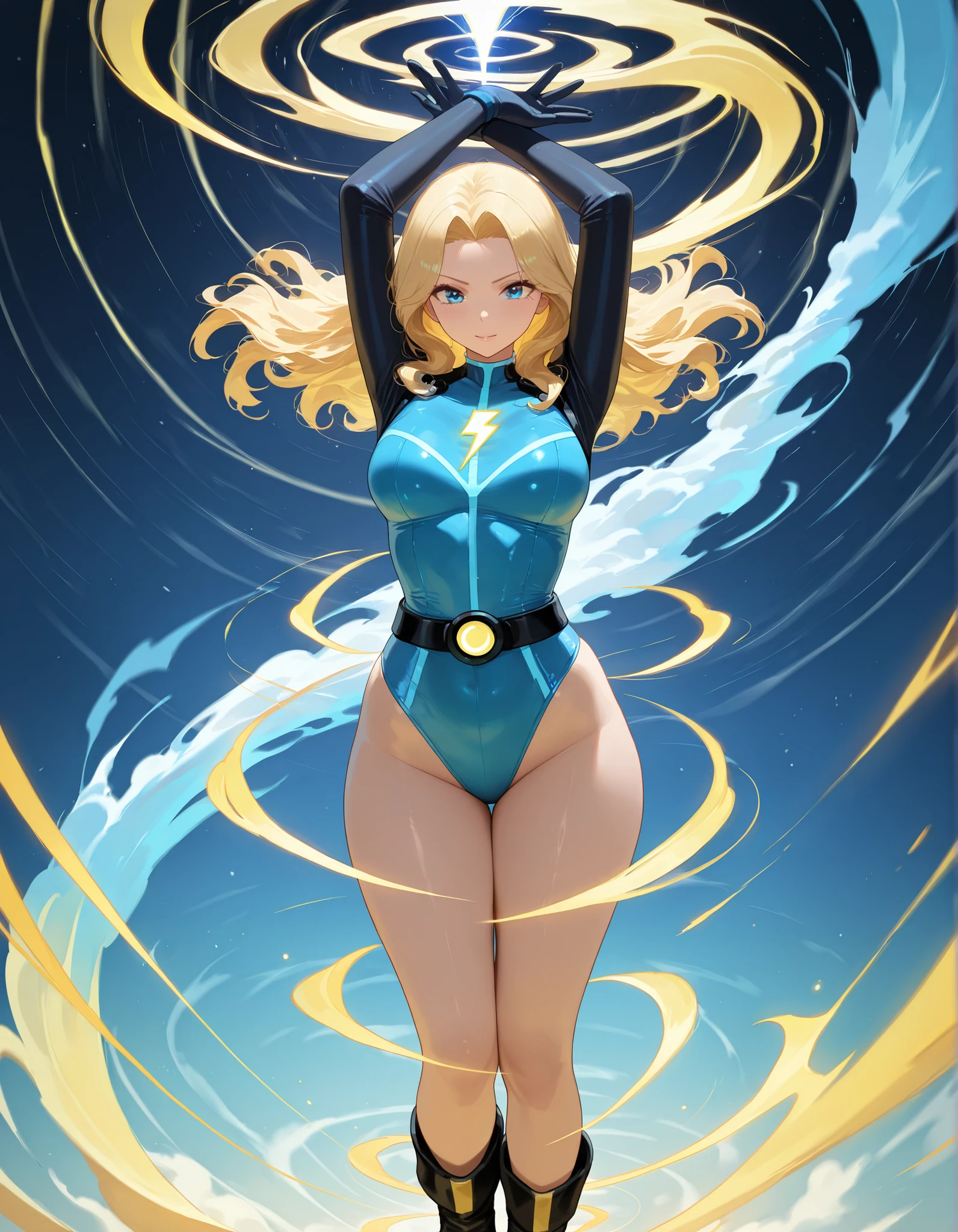 masterpiece, best quality, highres, 1girl, solo, superhero, leotard, bare legs, boots, matching boots, aura, blue aura, sleeveless, gloves, bracelets, matching gloves, looking at viewer, light particles, city backdrop, perfect hands, perfect eyes, powering up, perfect leotard, perfect legs, perfect arms, perfect fingers, blue and white leotard, blonde hair, blue eyes, medium breasts, long hair, spinning, tornado spin, whirlwind, wind particles, light swirls, tornado, hurricane spin, time travel,
