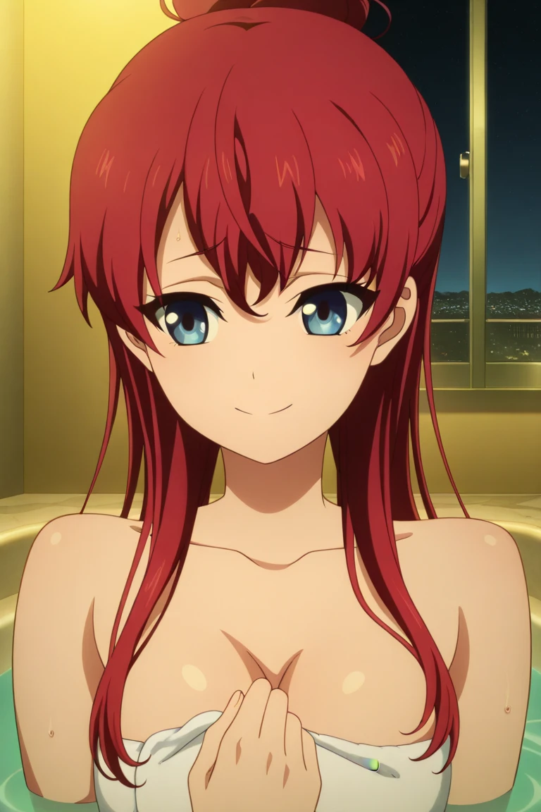 masterpiece, best quality, movie still, 1girl solo, female focus, looking at viewer, smiling, upper body, depth of field, (watercolor illustration, soft pastel colors:1.1), realistic, red hair, white eyes, naked, perky  breasts