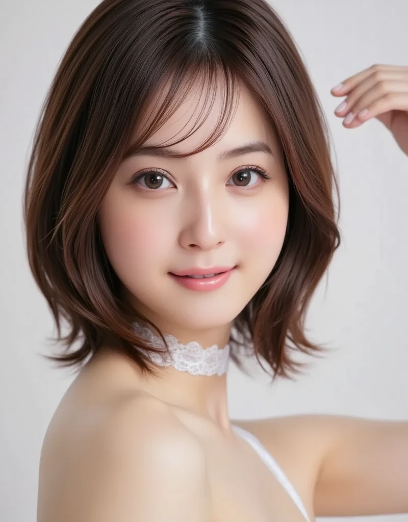 (A very cute 20 year old young woman from Japan), ((delicate hair between brown and blonde)), ((messy side wave short hair)),(((Slender and slender body type))),medium bust size、small breasts、 (((clean hands))),(curly hair),(((very kind smile))), (((she wears black lace panties))),(((she is wearing a black knitted dress))) ((highest quality, 16k, table top: 1.3)), light shines on your face, highly detailed face, highly detailed lips, fine eyes,