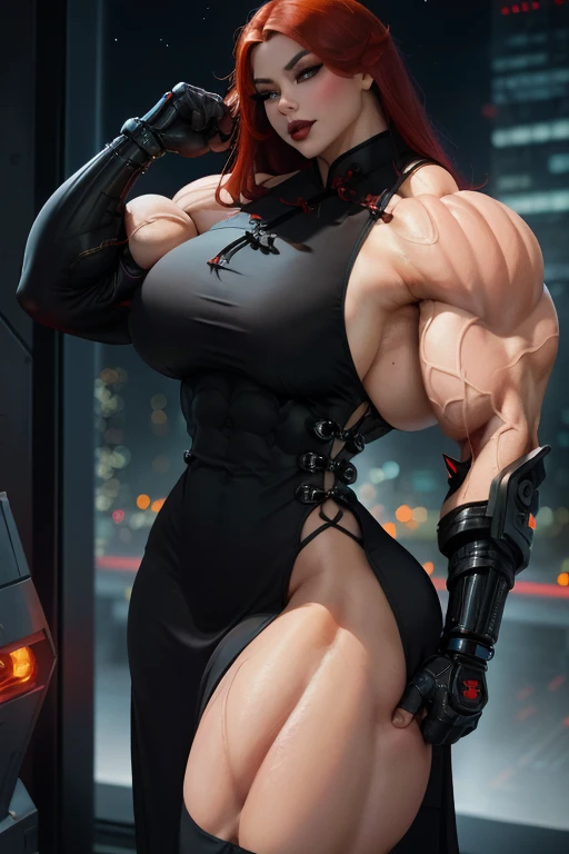 ((((Massive, beautiful, buff, pale white skinned, muscular asian woman with red hair, black lipstick, glowing yellow eyes, ginormous bulky muscles, and wearing a beautiful long black leather cheongsam dress)))), close view, massive muscles, massive biceps, hyper muscle triceps, (long hair), yellow eyes, (studded wristband), high heels boots, (in a sea of crimson red flames), surrounded by crimson red fire, night, smirk, hyper muscles arms, hyper muscle legs, massive arms.