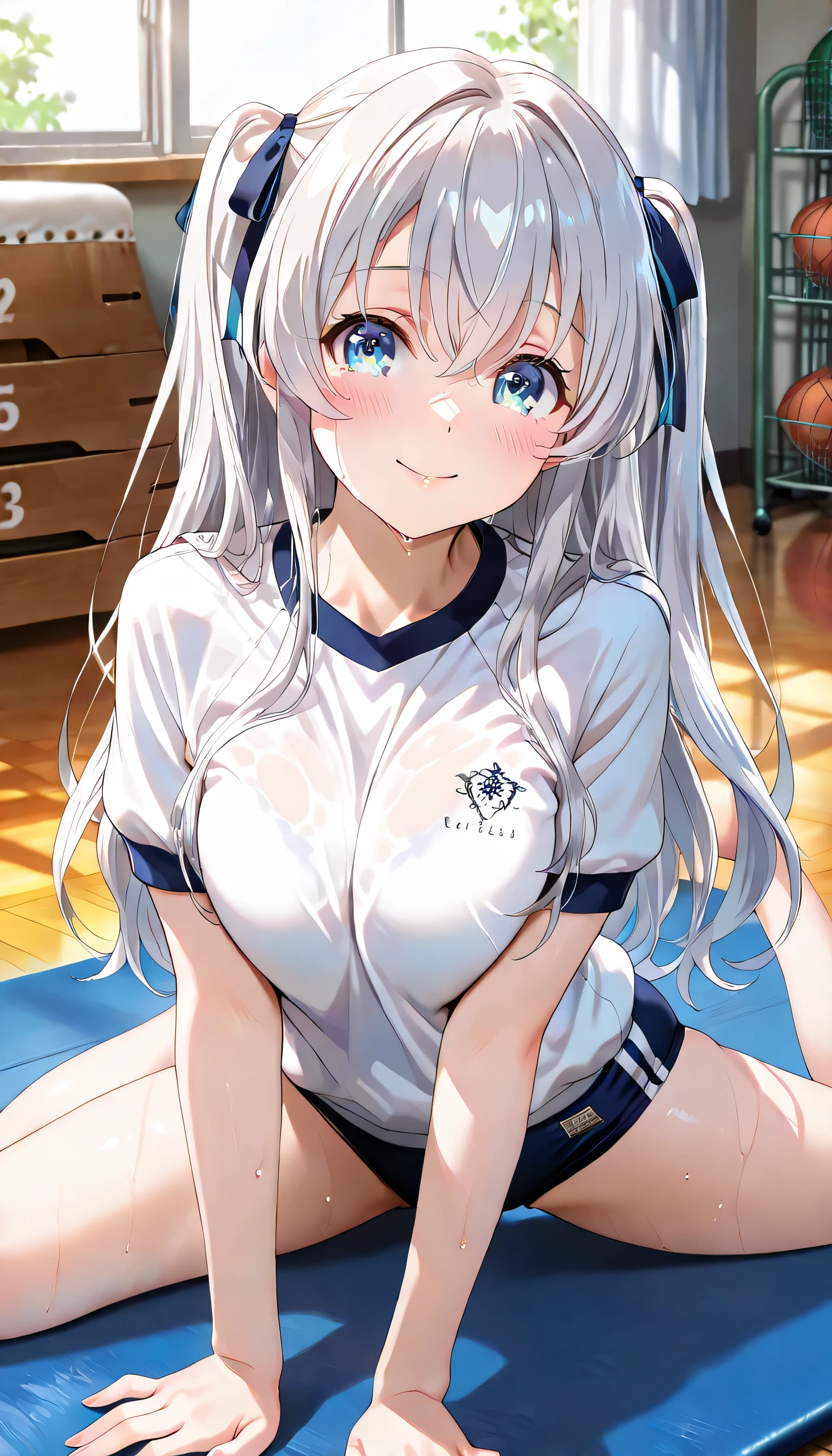 ((ultra-detailed)), (highly detailed CG illustration), (best quality:1.2), ultra-highly, girl, dainty facial structure, (face), (round face), rounded chin:1.2, short stature,, celia-default, celia claire, blue eyes, moist eyes, silver hair color, two side up, (hair ribbon with red), ample breasts, white gym uniform with navy blue rim:1.4, short sleeves:1.4, navy blue school gym buruma:1.4, gentle smile:1.2, blush:1.2, Sweat:1.4, looking at viewer, yoga pose on floor, (yoga pose:1.4), gymnasium storeroom, yoga pose on a gymnastics mat, from front, dynamic pose, contrapposto pose, best quality, expecting, pink cheek, blush, light pink gloss slip, portrait, depth of field, sparkling sunlight, lighting, backlighting, shine, lighting, caustics, ray tracing, perfect face, lustrous skin, highly detailed face, highly detailed eyes, perfect face, perfect nose, perfect hair, perfect eyes, perfect anatomy, beautiful hair, beautiful small face, extremely detailed face, beautiful detailed eyes, beautiful clavicle, beautiful body, beautiful breasts, leavage, breasts squeezed together, equalize the size of the left and right breasts, beautiful thin thighs, beautiful legs, beautiful fingers, ((4 fingers)), 1 thumb, lovely, (very detailed background:1.0), (highly detailed background:1.0), summer aesthetic, intricate details, festival atmosphere, summer colors palette, chromatic aberration