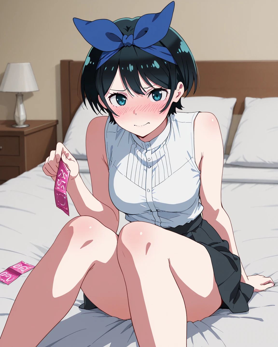 nishimuraakane,,hair over one eye,medium hair,black hair,1girl,solo,looking_at_viewer,camisole,miniskirt,socks,embarrass,blush,shy,,ribbon,,my room