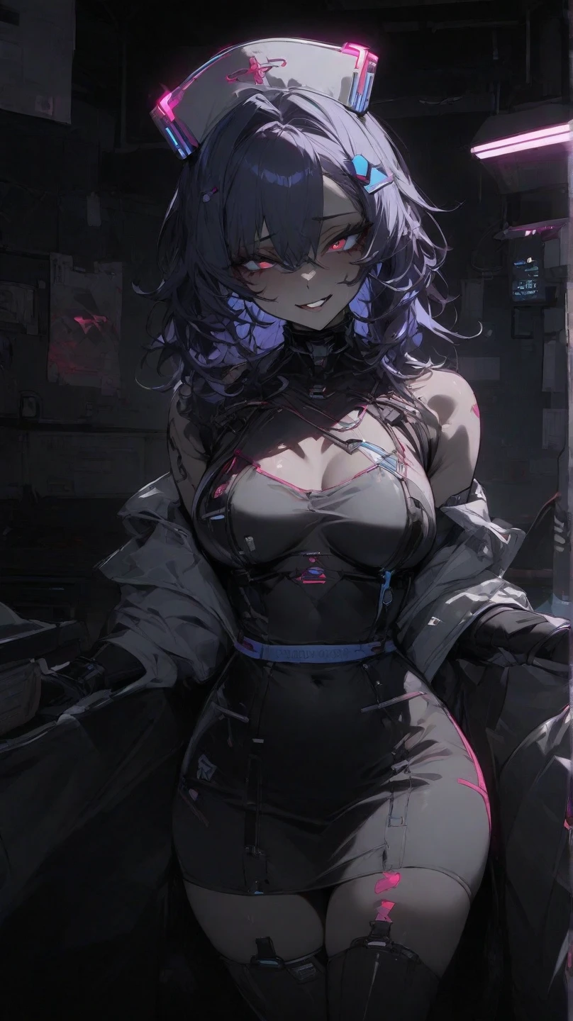 1girl, short_rebellious_hairblue_hair, hair tips to the side, scary_eyes, short_hair, Mouth_open_teeth_sharp_fangs, Evil smile_sharp_wild teeth, black_iris, scarlet_red_pupil, black_sclera, soulless_black_eyes, looking_at_vi ewer, holding, shirt, pant, animal_ears, blue_ ears, wolf_woman, blue_tail, body_perfect, Milf_body, female_body_muscular, big_breasts, scar_on_thighs, scar_on_the abdomen,vampire slayer_outfit